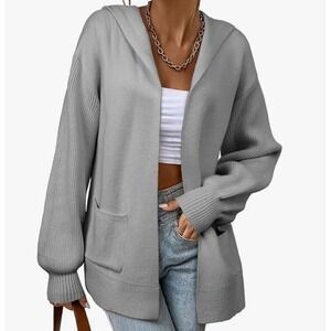Astylish Womens Gray Hooded Cardigan Sweater Open Front Knit Pocket sze M